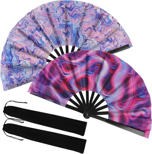 Paquete de 2 ventiladores de mano plegables grandes con bolsas, ventilador de mano de verano para hombres y mujeres para festivales de música, baile