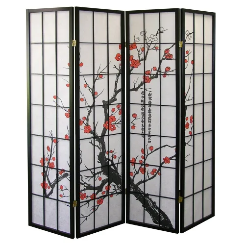 Vista 2 de Roundhill Biombo negro de 4 paneles con diseño japonés de flor de ciruelo
