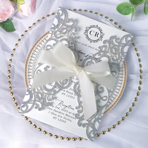 Vista 29 de ponatia 25 tarjetas de invitaciones de boda de 5.12 x 7.1 pulgadas con purpurina plateada cortadas con láser con sobres para tarjetas de invitación