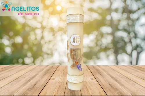 Vista 4 de Angelitos de Mexico Celebración Vela Primera Comunión Único Hecho a Mano Primera Comunión Cirio Vela Cáliz Uvas