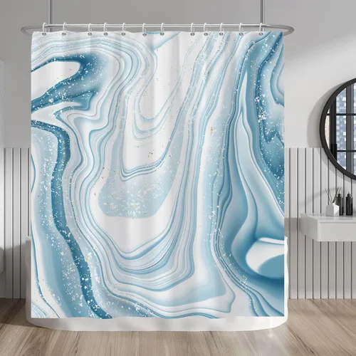 Vista 30 de Baocicco Cortina de ducha de mármol azul abstracto a rayas, decorativa, textura de lujo, línea moderna, decoración de acuarela, juego de cortinas