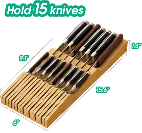 Vista 4 de Organizador de cajones de cuchillos grande, soporte para cuchillos de madera de bambú, bloque de cuchillos con capacidad para hasta 15 cuchillos
