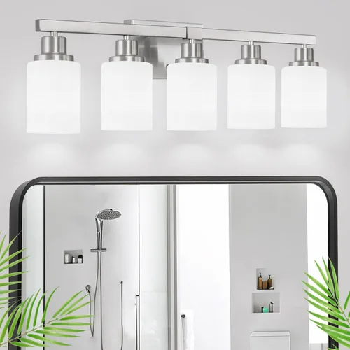 Vista 28 de Accesorios de iluminación de baño sobre espejo, 2 luces modernas de níquel para tocador con pantalla de vidrio blanco, lámparas de pared para espejo