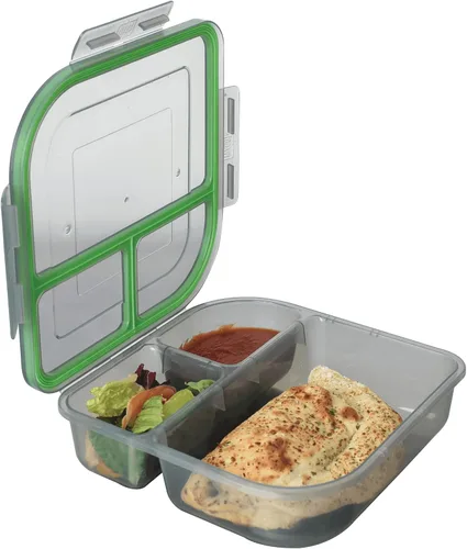 MyGo Container - Contenedor pequeño de 3 compartimentos para llevar, 8" x 8" x 2-1/2", reutilizable, apto para microondas, certificado NSF,