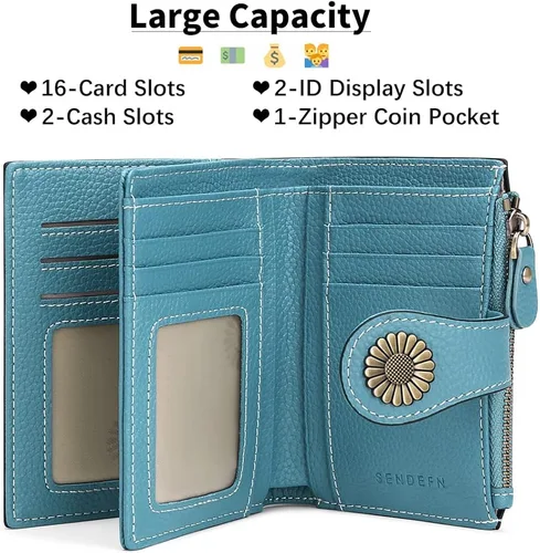 Vista 2 de SENDEFN - Billetera pequeña de piel auténtica para mujer, diseño plegable con ventana para tarjeta de identificación