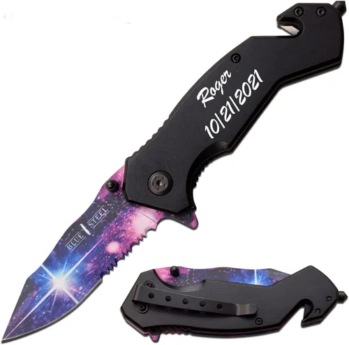 Vista 9 de GIFT INFINITY Navaja de bolsillo personalizada con grabado gratuito – Hoja de acero inoxidable media serrada, mango recubierto de titanio negro