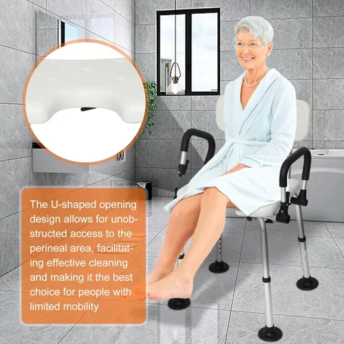 Vista 2 de Silla de ducha con corte en U, con reposabrazos acolchados y respaldo, silla de ducha resistente para bañera, asiento de ducha antideslizante