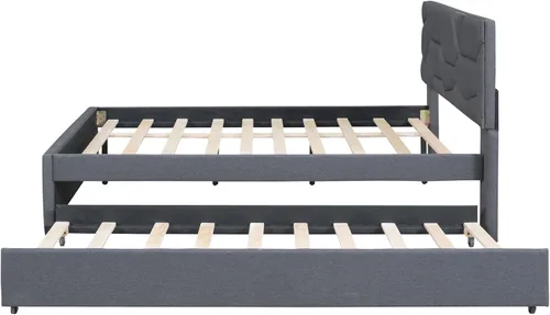 Vista 5 de Moderna cama tapizada de tamaño matrimonial, plataforma de tela de lino con cama nido tamaño individual, base de cama de madera maciza con cabecera