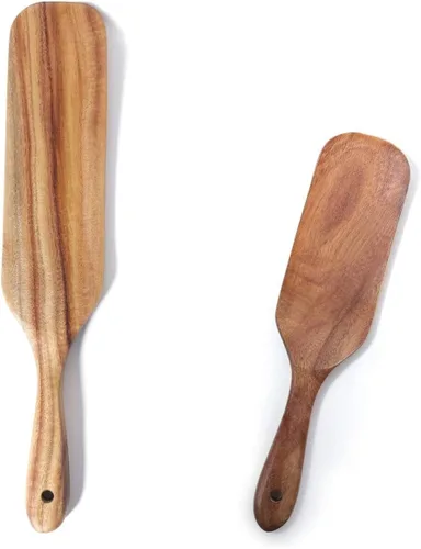Vista 2 de Juego de espátulas, utensilios de cocina de madera de acacia natural de 2 piezas, cucharas de madera para cocinar, agitar, mezclar y servir