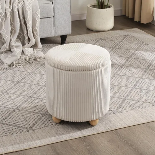 Adeco Otomana redonda de almacenamiento, taburete tapizado para maquillaje, taburete de terciopelo para dormitorio, dormitorio beige