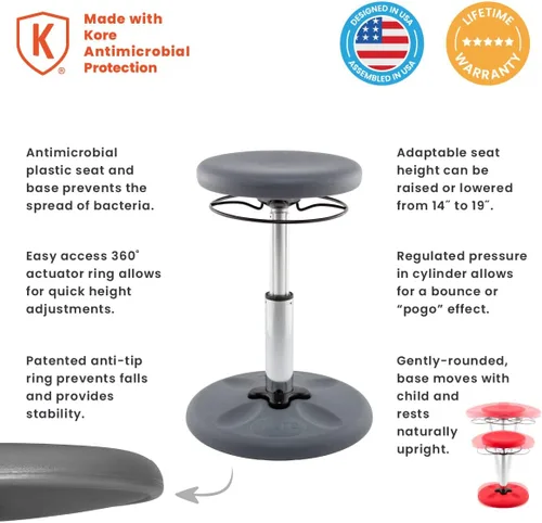 Vista 44 de Kore - Silla de altura ajustable, asiento activo para niños, adolescentes: Mejor que una pelota de equilibrio, asientos flexibles para aula.
