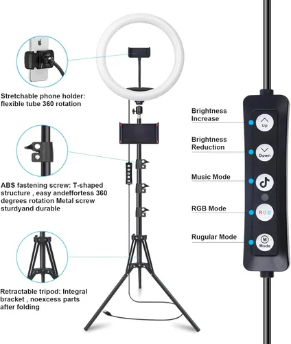 Vista 9 de Anillo de luz para selfie de 10 pulgadas con trípode de 73 pulgadas y 1 soporte para teléfono, luz LED para cámara con 48 modos de colores RGB