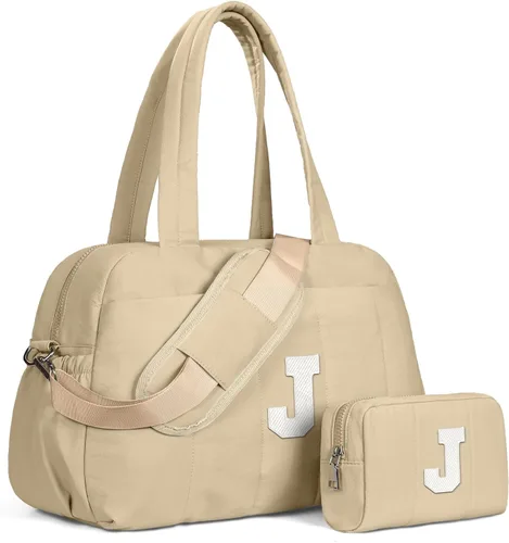 Vista 30 de Bolsa de lona Vogewood, bolsas personalizadas de fin de semana para mujer, bolsas de viaje con estuche de maquillaje, regalos de cumpleaños, Beige
