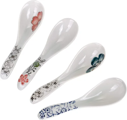 Vista 9 de VanEnjoy Juego de 4 cucharas de sopa de cerámica china/japonesa, cuchara de cerámica tradicional azul y blanca adecuada para sopa