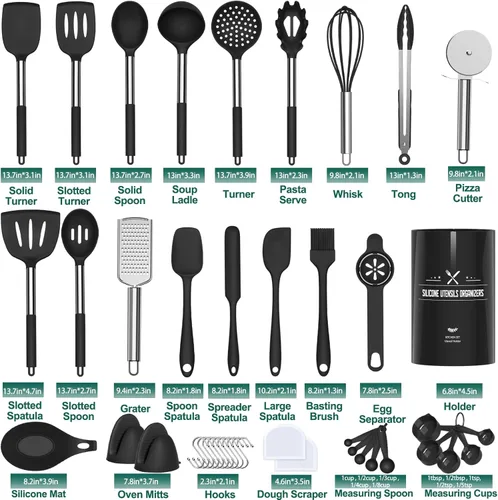 Vista 6 de Umite Chef - Juego de utensilios de cocina de silicona, 43 piezas, resistentes al calor, juego de herramientas de cocina negras con asas de acero