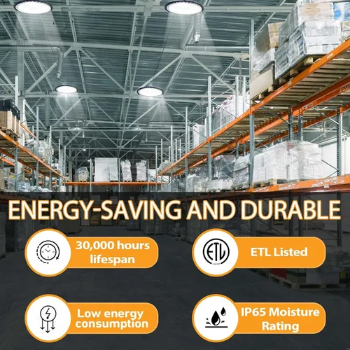 Vista 4 de Retisee 10 luces LED UFO de alta bahía de 150 W, 16500 LM, 6500 K, luces LED comerciales AC100-277V, certificación ETL, luz diurna con cable