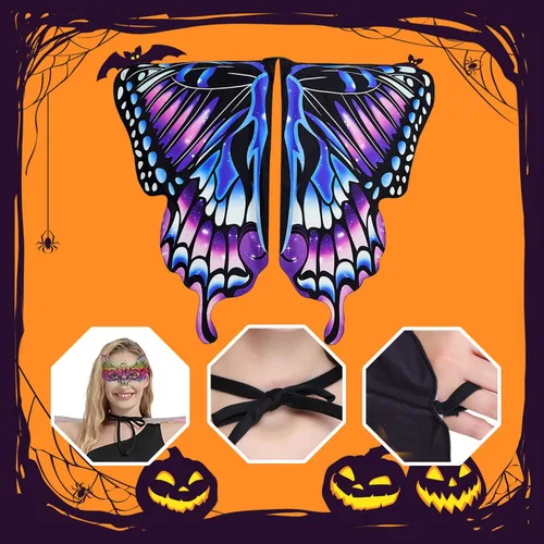Vista 3 de Disfraz de mariposa para mujer, disfraz de Halloween con alas de mariposa para mujer, con máscara de encaje y diadema de antenas