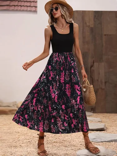 Vista 4 de SweatyRocks Vestido sin mangas con cuello redondo y botones en la parte delantera para mujer, mini vestidos con estampado floral