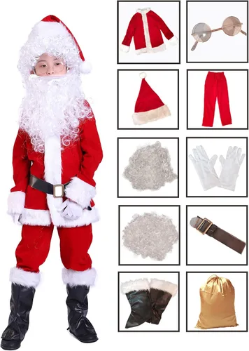 Vista 3 de Traje de Papá Noel de lujo para niños, disfraz de Navidad, Halloween, cosplay, juego de 10 piezas