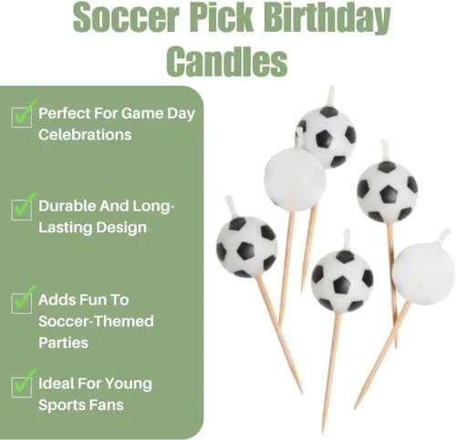 Vista 5 de Velas de cumpleaños con temática de fútbol (paquete de 6) – Velas de cera en blanco y negro en púas de madera – Ideal para celebraciones