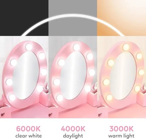Vista 3 de Garvee Juego de tocador para niños, juego de mesa y silla para niñas con espejo iluminado, taburete y juego de maquillaje de madera, rosa