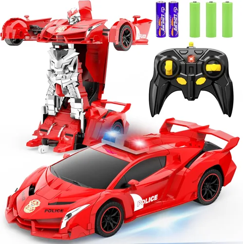 Vista 10 de FDJ - Auto a control remoto que se transforma en robot, transformación con un botón a robot con luz intermitente, juguete de policía para niños