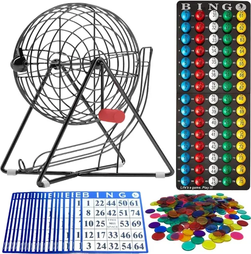 Vista 10 de MR CHIPS Juego de bingo profesional de 11 pulgadas de alto con jaula de acero, bolas eternas de 7/8 pulgadas, tablero maestro para bolas