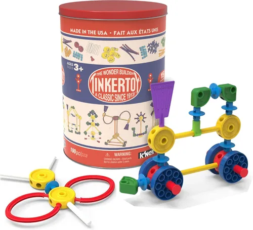 Vista 2 de Tinkertoy - Lata de construcción retro - 100 piezas - Juguete de construcción nostálgico y coleccionable, ideal para niños, niñas, niños pequeños