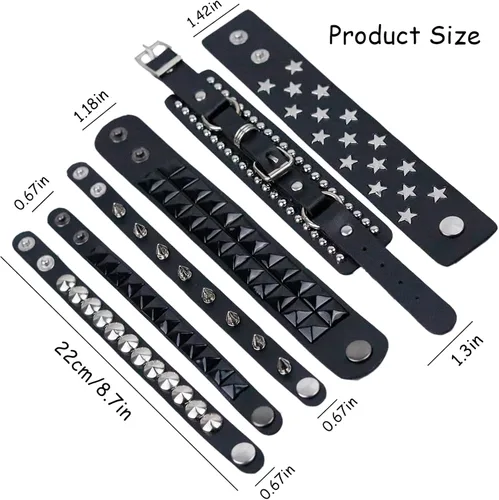 Vista 2 de REDANHA 6 PCS Spiked Studded Pulsera de cuero negro remache punk pulsera brazalete