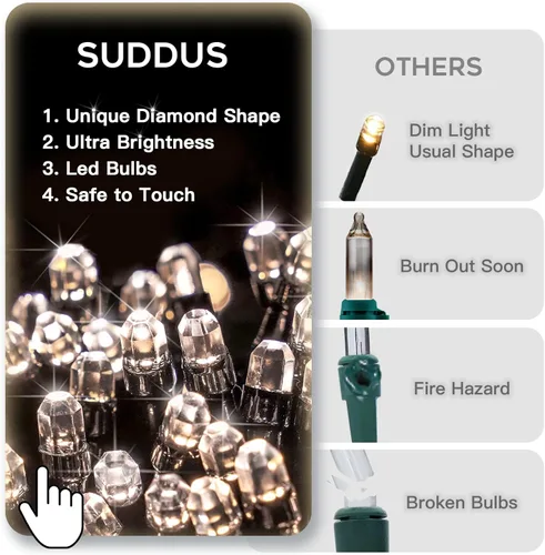 Vista 4 de suddus Luces blancas para árbol de Navidad para exteriores, 66 pies, 200 luces LED de Navidad con 8 modos, luces parpadeantes para árbol de Navidad