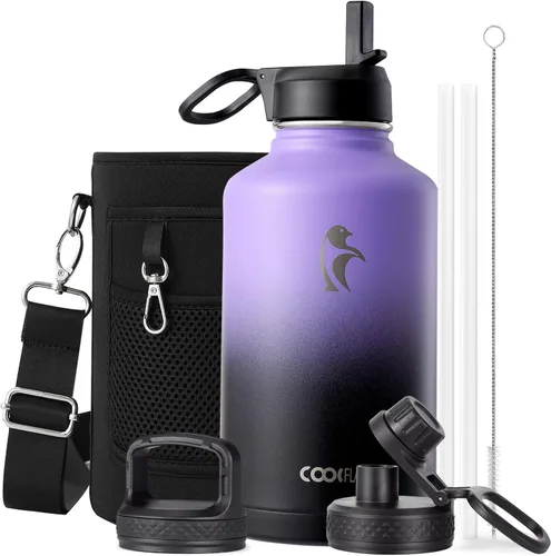 Vista 77 de Coolflask - Botella de agua de 64 onzas aislada, con popote y 3 tapas, de acero inoxidable con boca ancha, libre de BPA, mantiene las bebidas frías