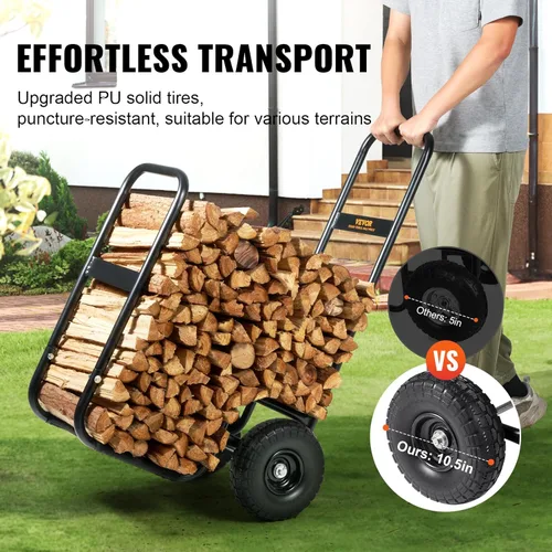 Vista 5 de VEVOR Carrito de leña, capacidad de 250 libras, carretilla de acero resistente negro con ruedas de PU y cubierta impermeable, almacenamiento