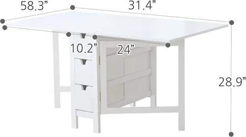 Vista 11 de Livinia Wings - Mesa de comedor de madera con patas de puerta, madera maciza expandible, con hoja caída, ahorro de espacio, con 6 cajones totalmente