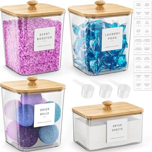 4 Pack Bamboo Laundry Pods Container, Clear Laundry Room Organization Containers,Large Laundry Detergent Powder Storage Containers Lids & Labels,