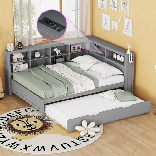 Vista 37 de Quarte Elegante cama de plataforma con estanterías en forma de L, cama de plataforma de madera tamaño individual con 2 cajones de almacenamiento