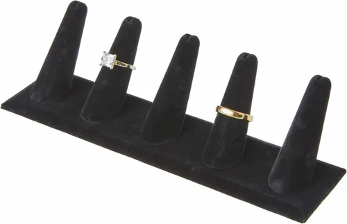 Vista 2 de Plymor Pantalla de dedo de anillo de terciopelo negro, cinco en base rectangular, 8 pulgadas de ancho x 2.125 pulgadas de profundidad x 2.5 pulgadas