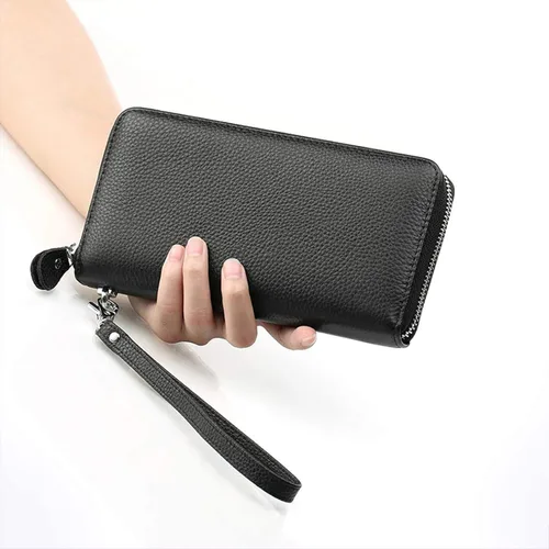Vista 5 de Cartera para mujer con bloqueo RFID, de piel auténtica, con cremallera alrededor, cartera de mano, cartera de mano, cartera larga de viaje para mujer