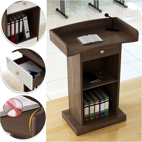 Vista 2 de Soporte para podio de madera, altura de 48.8 pulgadas, púlpitos para iglesias, recepción, atril con cajón espacioso para hoteles, seminarios, bodas