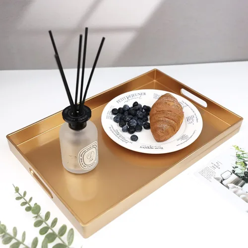 Vista 7 de Spsyrine Bandeja decorativa dorada con asas, elegante bandeja de plástico para mesa auxiliar otomana, sala de estar, decoración del hogar, 15.6 x