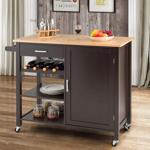 Vista 2 de Giantex Kitchen Island Cart Carrito de servicio con ruedas, carrito de madera con cajón, armario de almacenamiento, 4 estantes para botellas