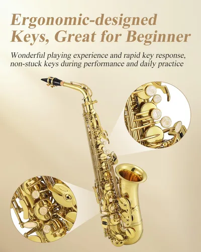 Vista 6 de Saxofón profesional Eastar alto dorado Mi plano Eb con kit de limpieza, estuche de transporte, boquilla, correa para el cuello, lengüetas, soporte