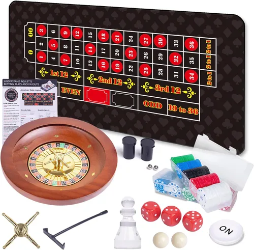 WodGod Juego de ruleta y dados con alfombrilla de diseño de mesa de doble cara, rueda de ruleta de madera maciza de 10 pulgadas, 200 fichas,