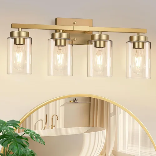 Vista 13 de IZORRO Moderna lámpara de baño, 3 luces doradas cepilladas, accesorios de iluminación de baño sobre espejo con vidrio transparente para sala