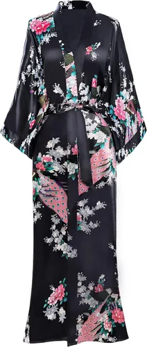 BABEYOND Bata tipo kimono para mujer, bata larga de satén con estampado de pavo real y flores Negro