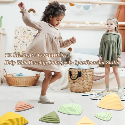 Vista 5 de Makarci - Piedras de equilibrio para niños, 12 piezas para cursos de obstáculos, juego de interior y exterior, con borde de goma completa y cima