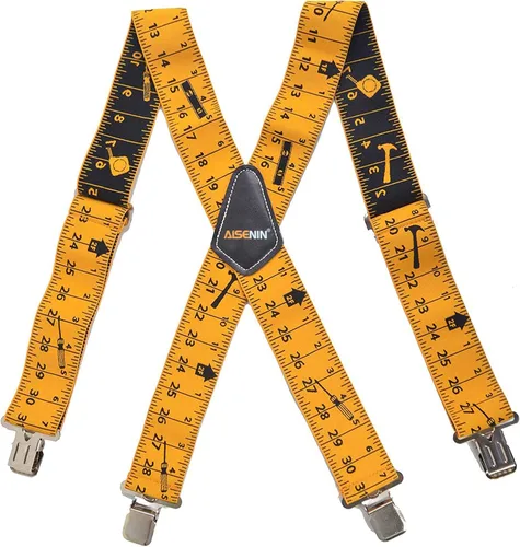 AISENIN Tape Measure Suspenders for Men 2 Wide X-Back Work Suspenders Elastic Adjustable