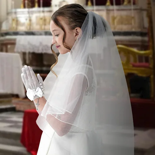 Vista 6 de Velos de primera comunión para niñas de 15.7 pulgadas, bautismo y comunión de bebé, velos blancos para niños, velos de boda con peine