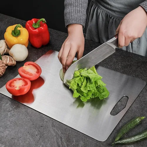 Vista 7 de Tablas de cortar de acero inoxidable para cocina Tabla de cortar de acero de metal de doble cara para cortar carne, frutas y verduras