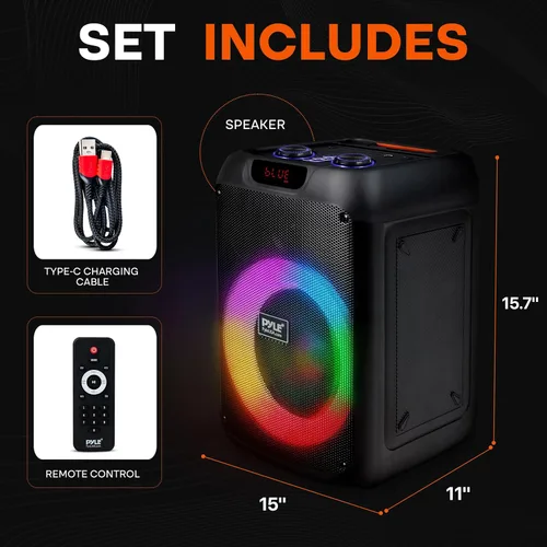 Vista 8 de Pyle Altavoz portátil Bluetooth para fiestas con woofer de 8 pulgadas, función TWS, batería recargable de 100W, entrada de micrófono, eco, control