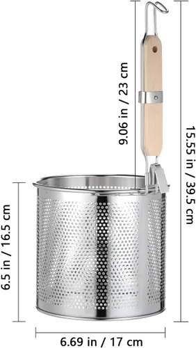 Vista 3 de Angoily Colador de pasta de malla de 1 galón de acero inoxidable de 6.5 pulgadas de profundidad, colador de olla caliente con mango de madera, 3.7 L